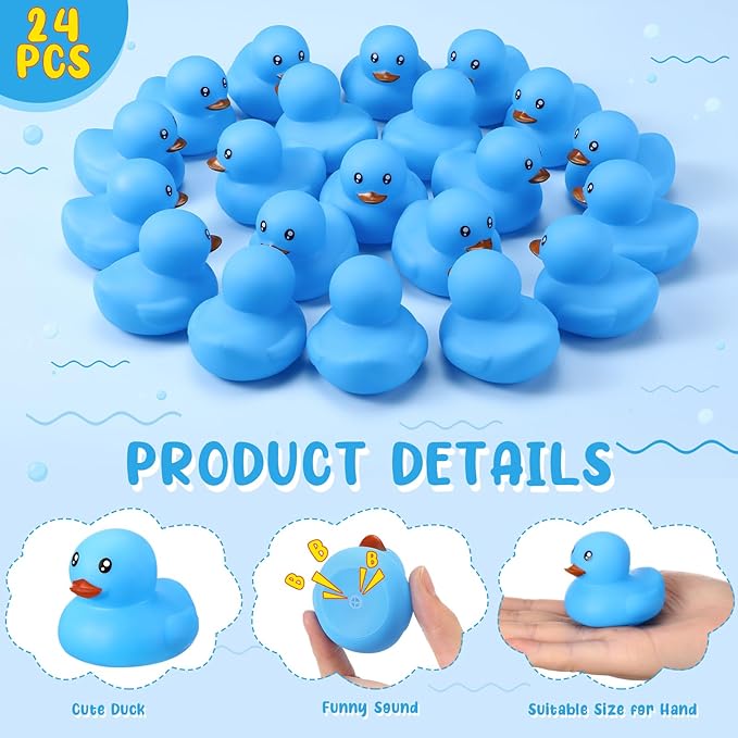 Hungdao 24 Pcs 2 Inch Mini Blue Rubber Ducks for Kids Children Party Favors Bulk Bath Ducks Summer Pool Floating Toys Birthday Gifts for Boys Girls Baby Shower Supplies