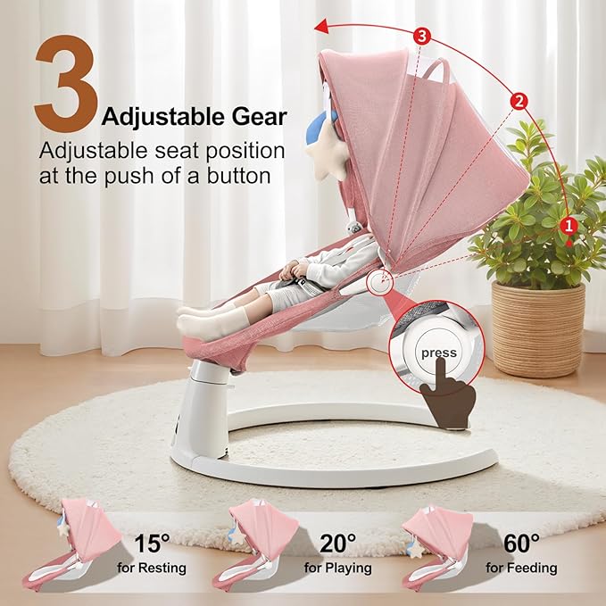 Baby Swing for Newborn to Toddler, 5 Speed Portable Infant Swing with Smart Touch Control, Remote Control, 10 Lullabies, Timer, 5 Point Harness and Soft Fabric (Pink)