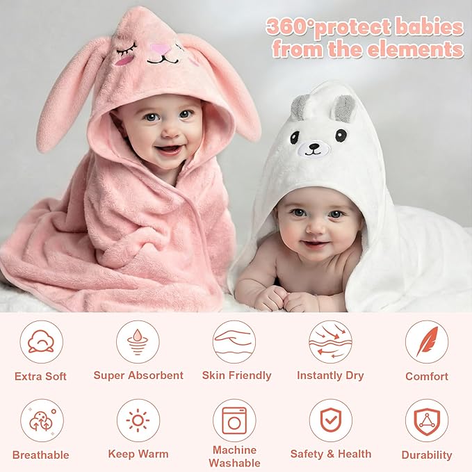 CandyHome 9 PCS Baby Bath Towels for Infants Toddlers, 3 PCS Animal Hooded Baby Towels & 6 PCS Washcloths Set, Ultra Absorbent Soft Cute Newborn Bath Essentials Gifts for Boys & Girls