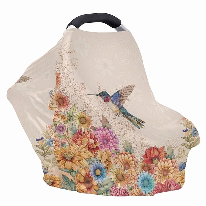 Forchrinse Hippie Hummingbird Floral Print Nursing Breastfeeding Cover,Baby Car Seat Canopy Infant Stroller Covers for Newborn Boys and Girls