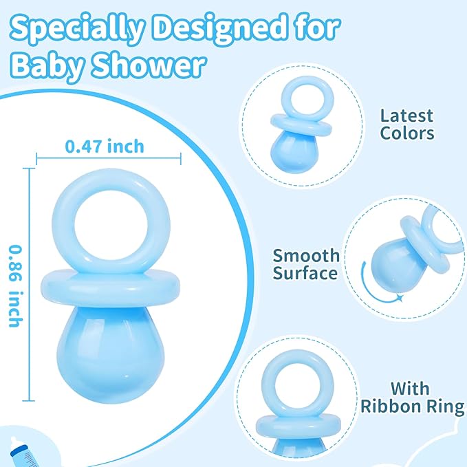 Baby Shower Pacifiers, 150 Mini Pacifiers for Baby Shower, Cute Plastic Pacifiers for Baby Shower Game, Decoration DIY, Gender Reveal Party Table Scatter/Baby Shower Party Favors (Blue)