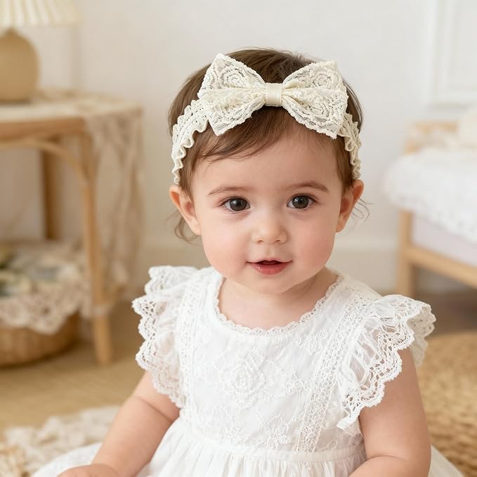 Handmade Baby Girl Headbands in Beige Baby Bows and Floral Lace Headband Bows for Newborns and Toddlers Cute Baby Girl Bows and Newborn Headband Bows