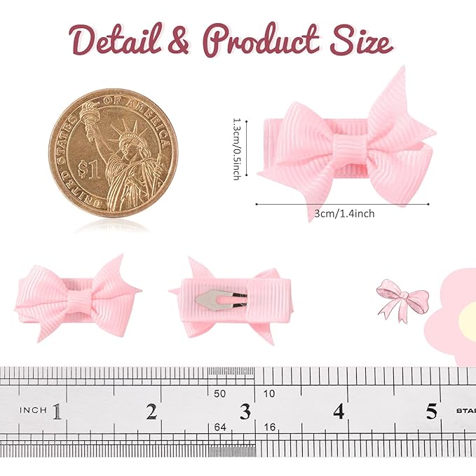 YHXX YLEN 40PCS Mini 1.4" Bow Snap Clips, Baby Hair Clip Grosgrain Ribbon Tiny Hair Bows Clips in Pairs for Baby Girls Toddlers Infant Fine Thin Hair