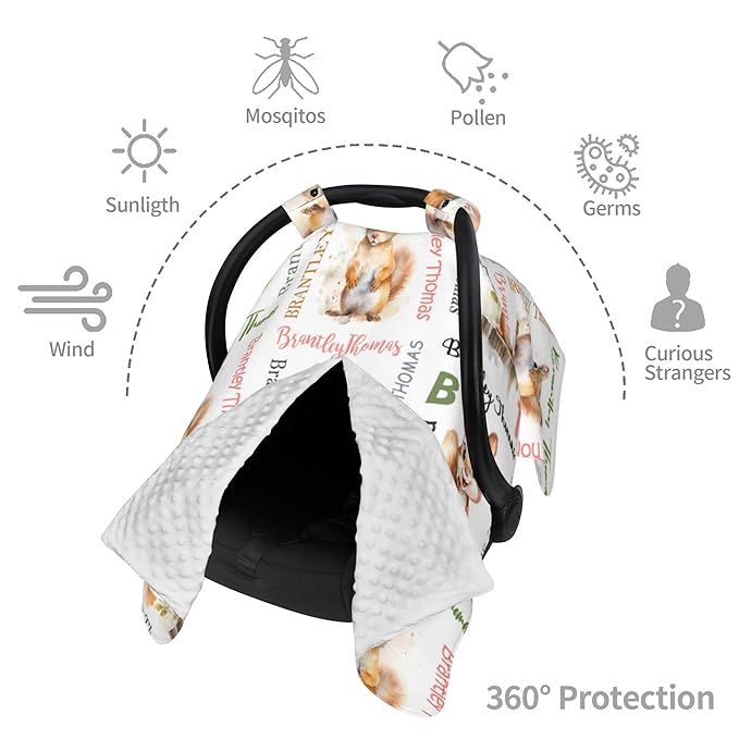 Personalized Winter Baby Car Seat Cover with Name Squirrel Winter Car Seat Cover for Baby Seat or Stroller Custom Infant Car Seat Covers Minky Blankets Nursing Cover Breastfeeding Scarf