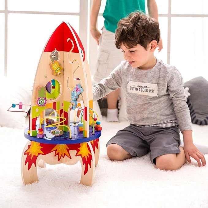 Classic World Wood Multi Activity Rocket Educational Toy for Toddlers with Bead Coaster Gear Game and Baby-Safe Mirror Eco-Friendly Wooden Activity Set Ideal for Ages 18 Months and Up