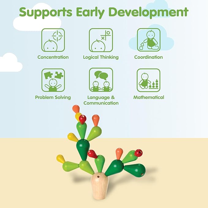 PlanToys® Balancing Cactus | Montessori Wooden Toy for Toddlers | STEM Game for Fine Motor Skills, Logic & Coordination | Eco-Friendly Educational Toy for Kids Ages 3+