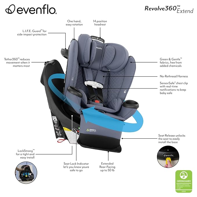 Evenflo Gold Revolve360 Extend All-in-One Rotating Car Seat with Green & Gentle Fabric (Emerald)