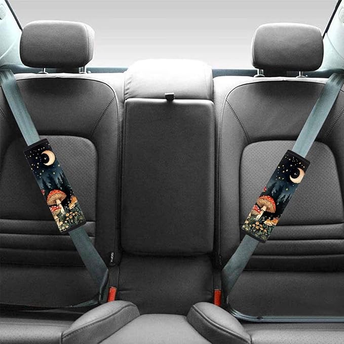 UNICEU Moon Star Mushroom Print Auto Seat Belt Pads 2 Piece Decoration Car Accessory Soft Universal Fit Automotive Shoulder Strap for Most Vehicle