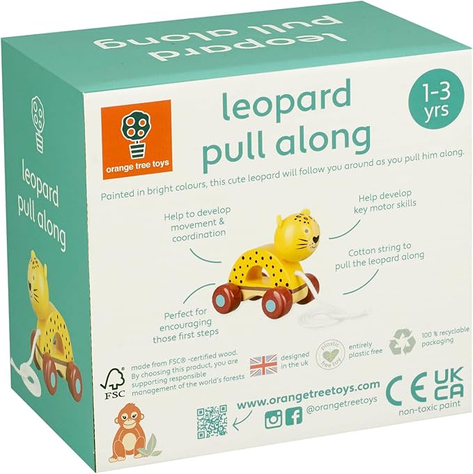 Orange Tree Toys: Pull Along: Leopard - Wooden Toy, Colorful Wheeled Character, Push-Pull, Encourage First Steps, FSC Certified, Toddler & Kids Age 1+