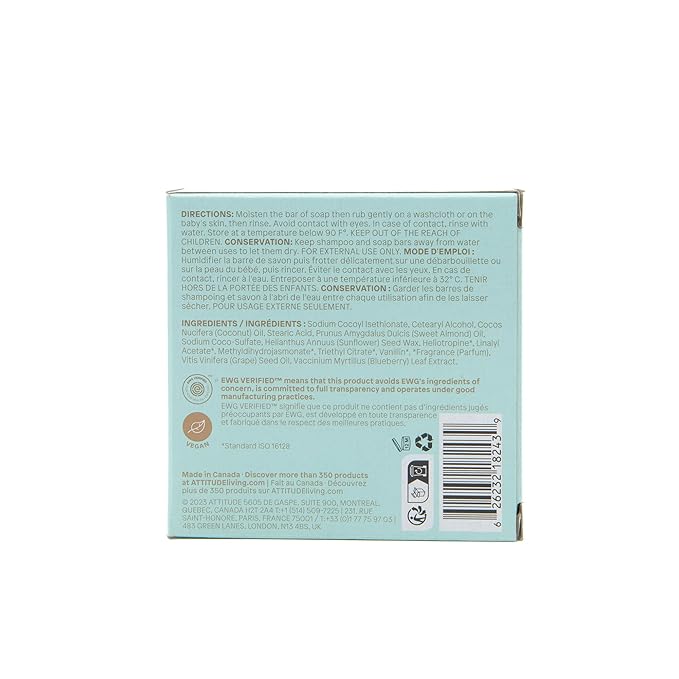 ATTITUDE Plastic-Free Baby Shampoo and Body Soap Bar, EWG Verified, Dermatologically Tested, Vegan, Good Night, 3 Ounces
