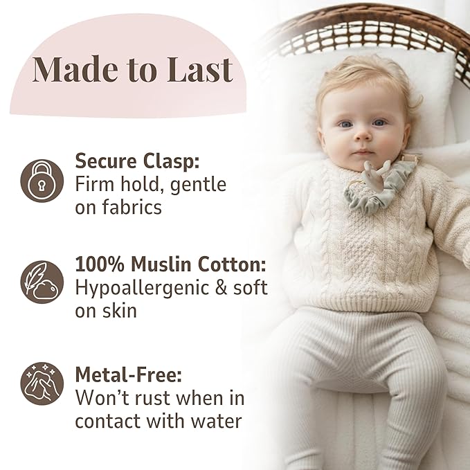 Muslin Cotton - Metal-Free Pacifier Clips, Lightweight and Secure Pacifier Holder for Babies (Cloud Rêve) - Mila & Lulu