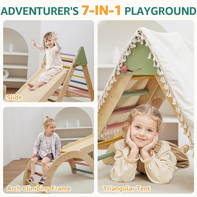 3in1 Pikler Triangle Set, Pikler Triangle Climbing Toys Set for Toddlers, Wooden Toddler Climbing Toys Indoor Playground, Foldable Montessori Climbing Set with Arch&Ramp&Ladder, Jungle Gym for Kids