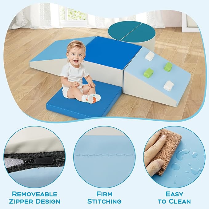 Olakids Climbing Toys for Toddlers, 6 Pieces Baby Foam Blocks Soft Play Set with PU Leather, Indoor Kids Climb and Crawl Sliding Activity Structure Gym Playground Climber (Azure)
