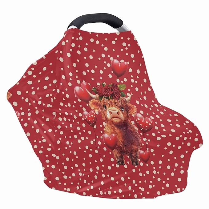 Wanyint Baby Car Seat Cover Carseat Canopy for Boys Girls, Multi-Use Nursing Breastfeeding Cover Nursing Scarf for Breastfeeding Mothers for Valentine's Day, Highland Cow Heart Red