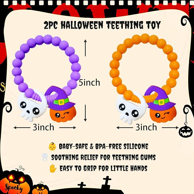 BIGSPINACH Halloween Teething Ring, Silicone Baby Teether with Witch and Cat Design, BPA-Free Infant Teething Toy, Easy to Hold,Safe for Babies and Toddlers (Colorful, Pumpkin＆Ghost) 2PC