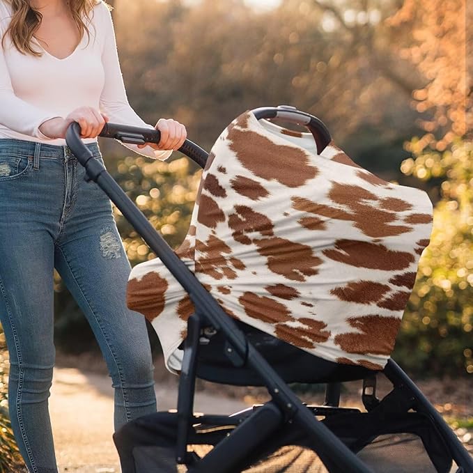 Wanyint Baby Car Seat Cover Nursing Scarf Car Seat Canopy Shopping Cart High Chair Cover Protect Babies and Breastfeeding Mothers, Cow Print Light Brown