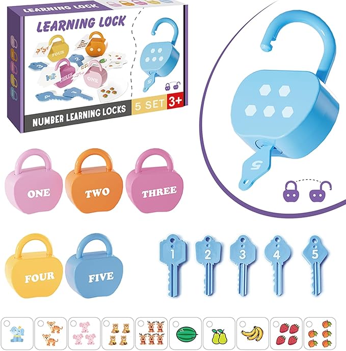GEERAY Cause and Effect Toys for Toddlers 3+, Montessori Lock & Key Set with 5 Apple-Shaped Locks, Keys & 10 Cards – Learn Numbers, Colors & Motor Skills STEM Toy Gift for Home & Classroom