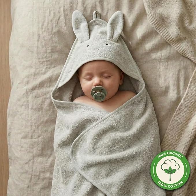 Hooded Baby Towels - 100% Organic Cotton Baby Bath Towels for Baby Boy, 32" x 32" Super-Soft and Absorbent Baby Towels for Newborn (Rabbit - Pearl Grey)