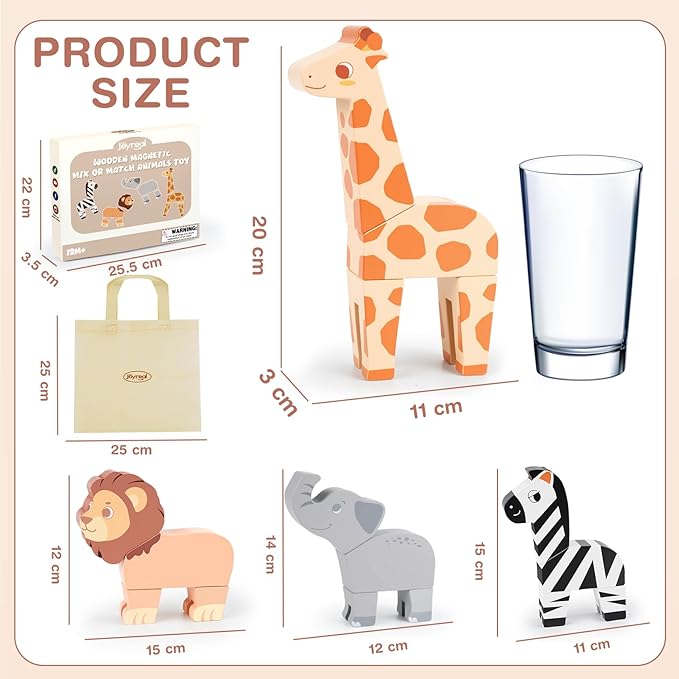 Joyreal Magnetic Jungle Animals Toy Play Set, 16 Pcs Wooden Building Blocks Play Set Toy for 1 Year Old, Fine Motor Montessori Game Preschool Educational Gift for Ages 1-5