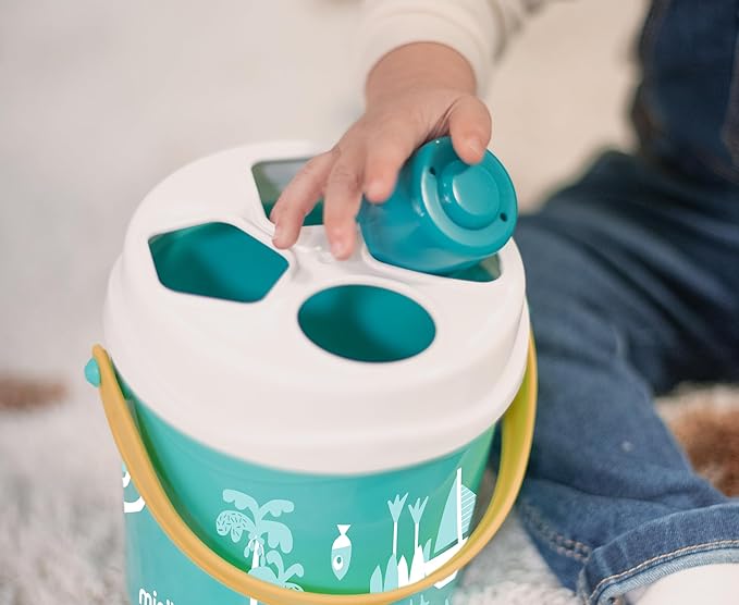 Miniland Feel to Learn Turquoise Shape Sorting Bucket for Children from 1 to 2 Years. 16 Multicolored Pieces with Different Shapes. Made in Spain with ECO Materials