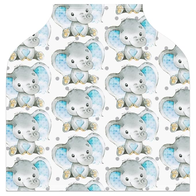 FCZ Baby Car Seat & Stroller Covers - Elephant Jungle Nursing Cover - Breathable Cotton - White/Blue - Not Water Resistant