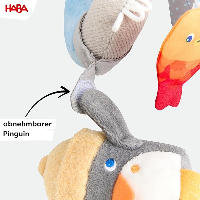 HABA Penguin Activity Spiral Car Seat Toy & Stroller Toy for Babies 0-18 Months, Soft Plush Baby Travel Gear with Crinkle, Rattle & Detachable Penguin