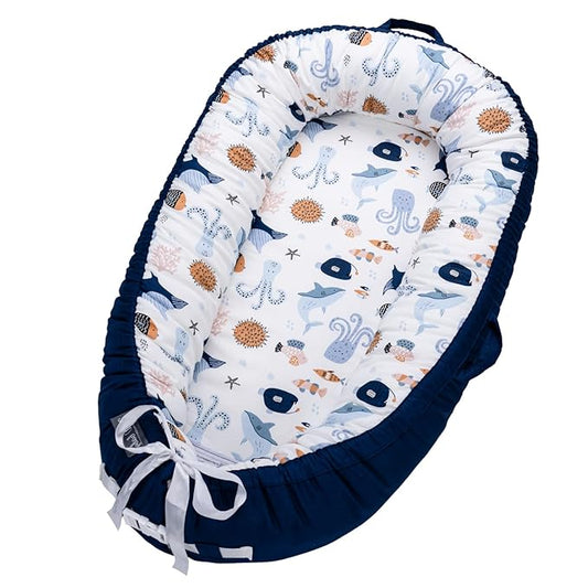 Infant Support Cushions | Baby Lounger | Organic Cotton Infant Lounger | Reversible, Adjustable & Portable Floor Lounger | Supervised Use | Soft, Breathable, Washable Cover (sea)