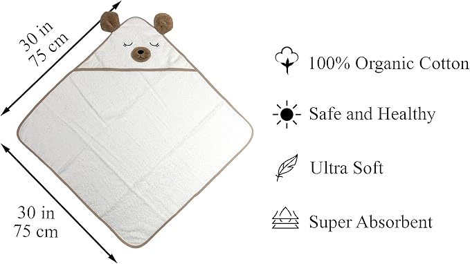 Organic Baby Hooded Bath Towel 30x30 Inch – 100% Organic Cotton, 380 GSM Soft & Absorbent Newborn Towel with Embroidered Hood, (Bear)