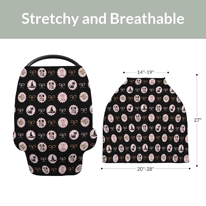Cute Pink and Black Halloween Baby Car Seat Covers Witch Cat Castle Floral Bows Stretchy 5-in-1 Cover Adjustable Infant Carseat Cover Canopy Spooky Halloween Breathable Nursing Cover-Up