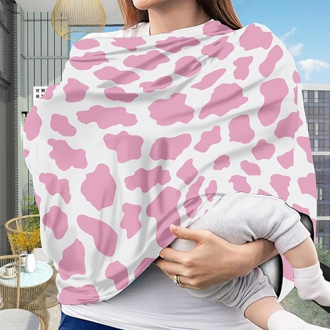 Biyejit Pink Cow Print Nursing Cover, Car Seat Cover, Shopping Cart Cover & Infinity Scarf – Breathable, Multi-Use Nursing Cover Up for Breastfeeding, Carseat Canopy & Stroller Cover