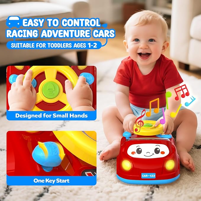 Toys for 1 Year Old Boy Gifts - 2-in-1 Toddler Push Car & Musical Racing Adventure Steering Wheel Driving Game, Interactive Simulated Driving Car for Baby 12-18 Months, Birthday Gift Ages 1-2,Dark Red