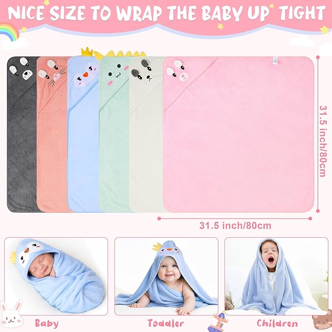 SmoothNovelty 6 Pack Baby Hooded Towels Infants and Toddlers Coral Fleece Baby Bath Towels 31.5 x 31.5 Inch Absorbent Cute Soft Newborn Bath Essentials Gifts for Boys & Girls(Multicolor,Stylish)