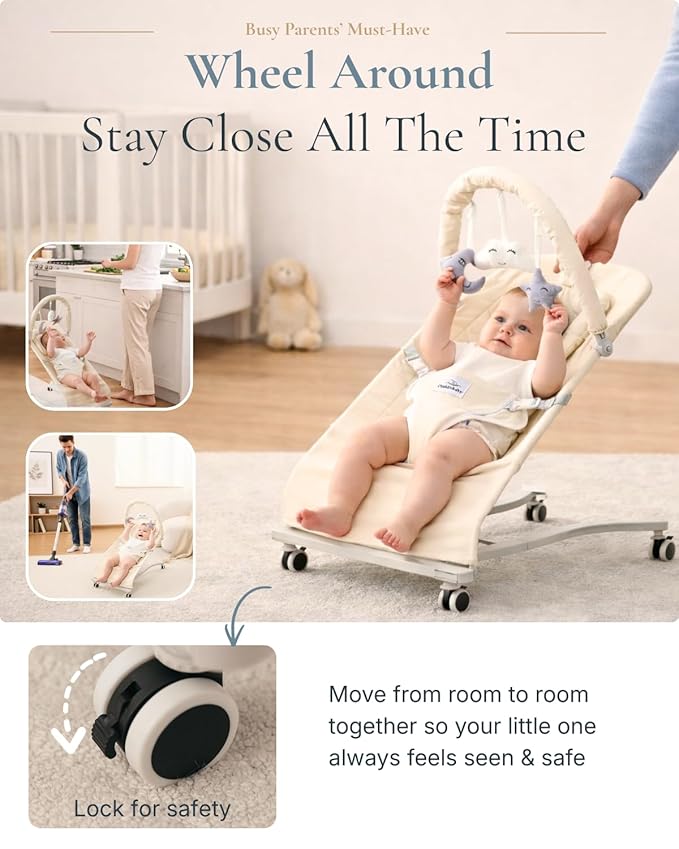 Cuddobaby Baby Bouncer Weelable |100% Cotton, Head Support Cushion| Soft Plushies, 3-Level Adjustable Bouncer Seat for Babies 0-12 Months, Bouncy Chair up to 20Lbs, Baby Shower - Oat