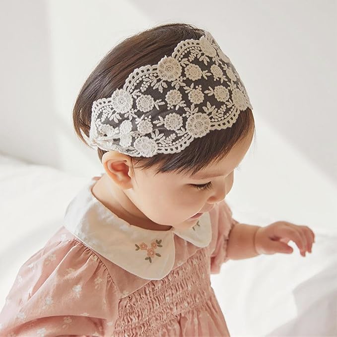 Lace White Bow-knot Baby Girls Headband Birthday Shower Infant Wrap Elastic Flower Baby Turban Hairband for Newborn Infant Toddler Kids (Flower, Elastic)