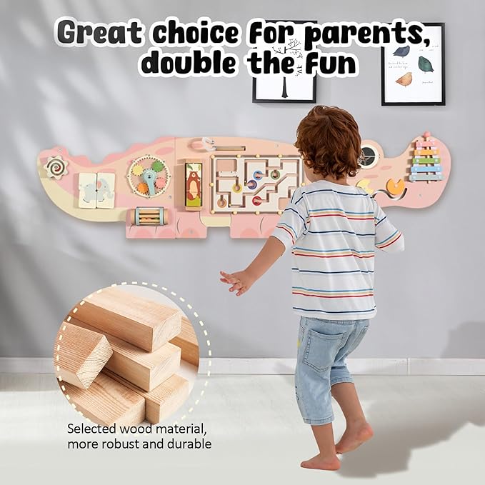 SHIERDU Interactive Pink Crocodile Wall Game - Wooden Educational Toy with 10+ Games for Kids (3+), STEM Learning, Hand-Eye Coordination & Sensory Development