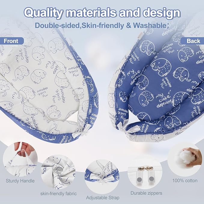 Baby Lounger for Newborn (0-24 Months) - 100% Cotton Baby Nest with Handles, 2-in-1 Play Mat & Diaper Changing Pad, Portable for Home & Travel, Infant Essentials Gifts (Elephant Blue)