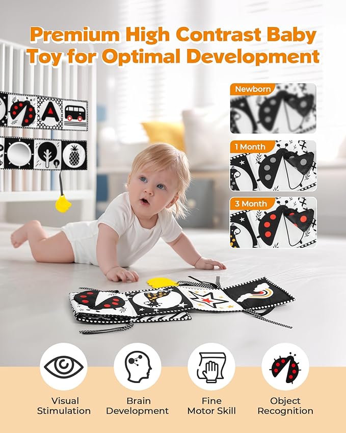 Melican Black and White High Contrast Baby Toys 0-6 6-12 Months, Soft Book with Teether, Newborn Infants Tummy Time Toys, 0-3 3-6 Month Sensory Visual Stimulation, Montessori Learning Essentials