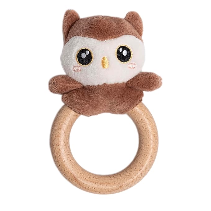 Pearhead Owl Wooden Baby Teether – Soft Plush Lovey with Natural Wood Rattle Ring, BPA-Free, Soothes Infant Gums, Multi-Sensory Newborn Essential for Boys and Girls, 0+ Months