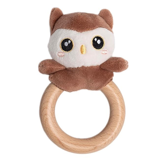 Pearhead Owl Wooden Baby Teether – Soft Plush Lovey with Natural Wood Rattle Ring, BPA-Free, Soothes Infant Gums, Multi-Sensory Newborn Essential for Boys and Girls, 0+ Months