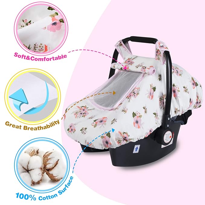 SMTTW Baby Car Seat Covers, Infant Car Canopy for Spring Summer Autumn Winter, Universal Fit, Snug Warm Breathable, Car Seat Canopy for Boys Girls (White Flower)