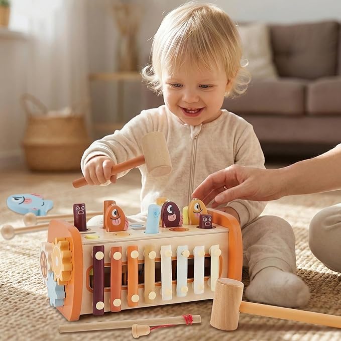 HYAKIDS Wooden Montessori Hammering Toy, 6 in 1 Baby Pounding Bench, Xylophone, Whack a mole, Learning Educational Toys, Gifts for 18+ Months Boys Girls