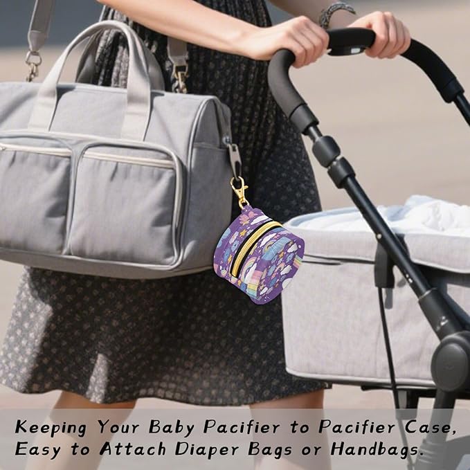 Pacifier Holder with Clip Pacifier Case for Diaper Bag Round Baby Pacifier Pouch Box Bag Portable Cute Purple Rainbows Stars Flowers