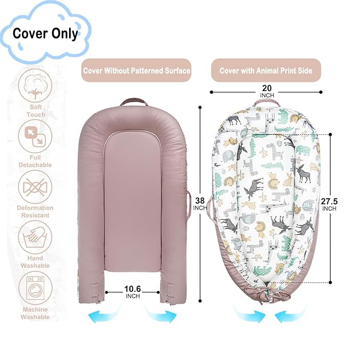 Baby Lounger Cover for Newborns, 100% Cotton Soft Portable Baby Nest Lounger Cover, Breathable Infant Lounger Replacement Cover, Lounger Pillow Cover Fit for Snuggle Me, Cover Only(Animal Pattern)