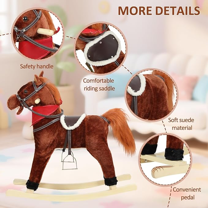 Rocking Horse Toy for Kids Plush Ride on Animal with Wooden Rockers, Moving Mouth and Wagging Tail, Musical Sounds, Baby Rocking Chair, 120kg Weight Capacity, Ages 1-6 Dark Brown Middle