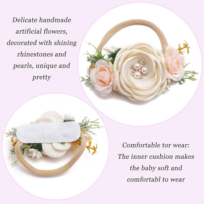 Baby Girl Flower Headband 6 PCS Elastic Hairbands Handmade Nylon Bows Headbands Chic Floral Hair Accessories Kids Gifts for Newborn Infant Toddlers