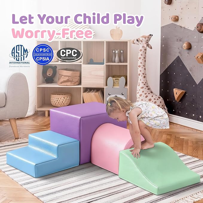 Sumbababy Soft Climbing Blocks Set for Toddlers: 4 PCS Foam Play Structures with Tunnel - Indoor Playground for Kids with Slide and Stairs - Safe Play Gym for Boys and Girls