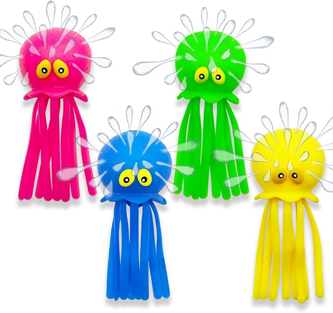 Octopus Water Balls, Pack of 4 Pool Floating Toys Baby Bath Toys Squishy Sensory Stress Relief Toys, Cute Goodie Bag Fillers for for Kids Boys and Girls, Pink, Blue, Green and Yellow