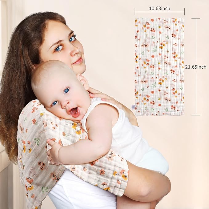 Viviland Baby Muslin Burp Cloths, 100% Cotton Super Absorbent Washcloths for Baby Girl and Boy, 10 x 20 inches 6-Layer Baby Bath Towels, Floral Pattern 4 Pack