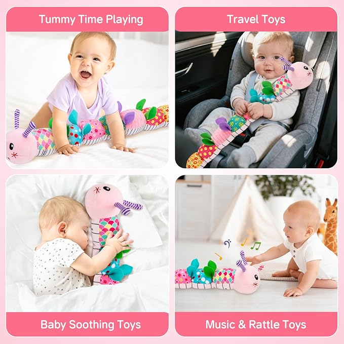 Baby Toys 0-12 Months, Caterpillar Musical Plush Stuffed Toy for Infant, Animal Soft Rattle Sensory Toys with Teether for Tummy Time, Newborn Boy& Girl Shower Birthday Christmas Valentines Gift
