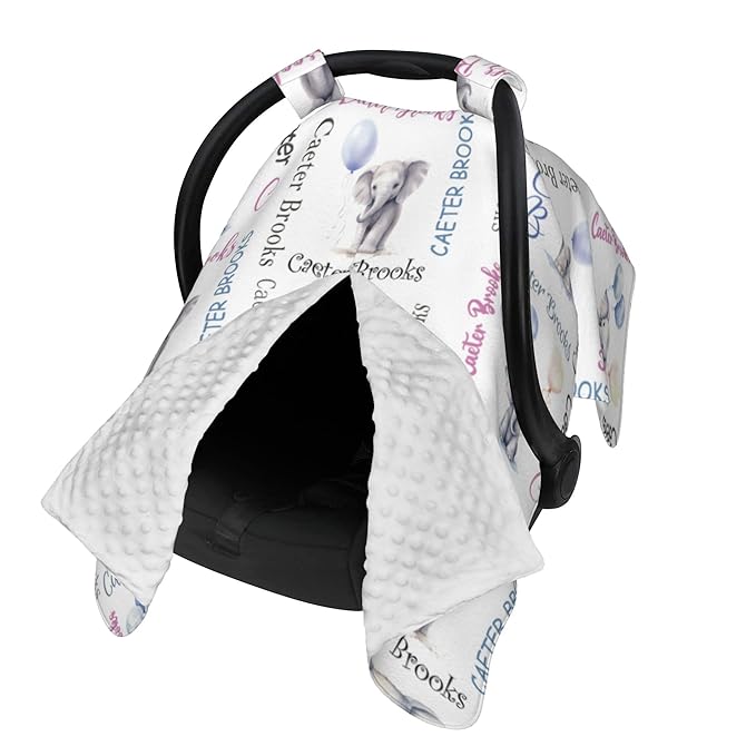 Personalized Baby Car Seat Canopy Minky Elephant Baby Blanket Custom Name Baby Car Seat Cover Girls Boys Infant Newborn Carseat Canopy Nursing Cover for Stroller Car Seat Canopies